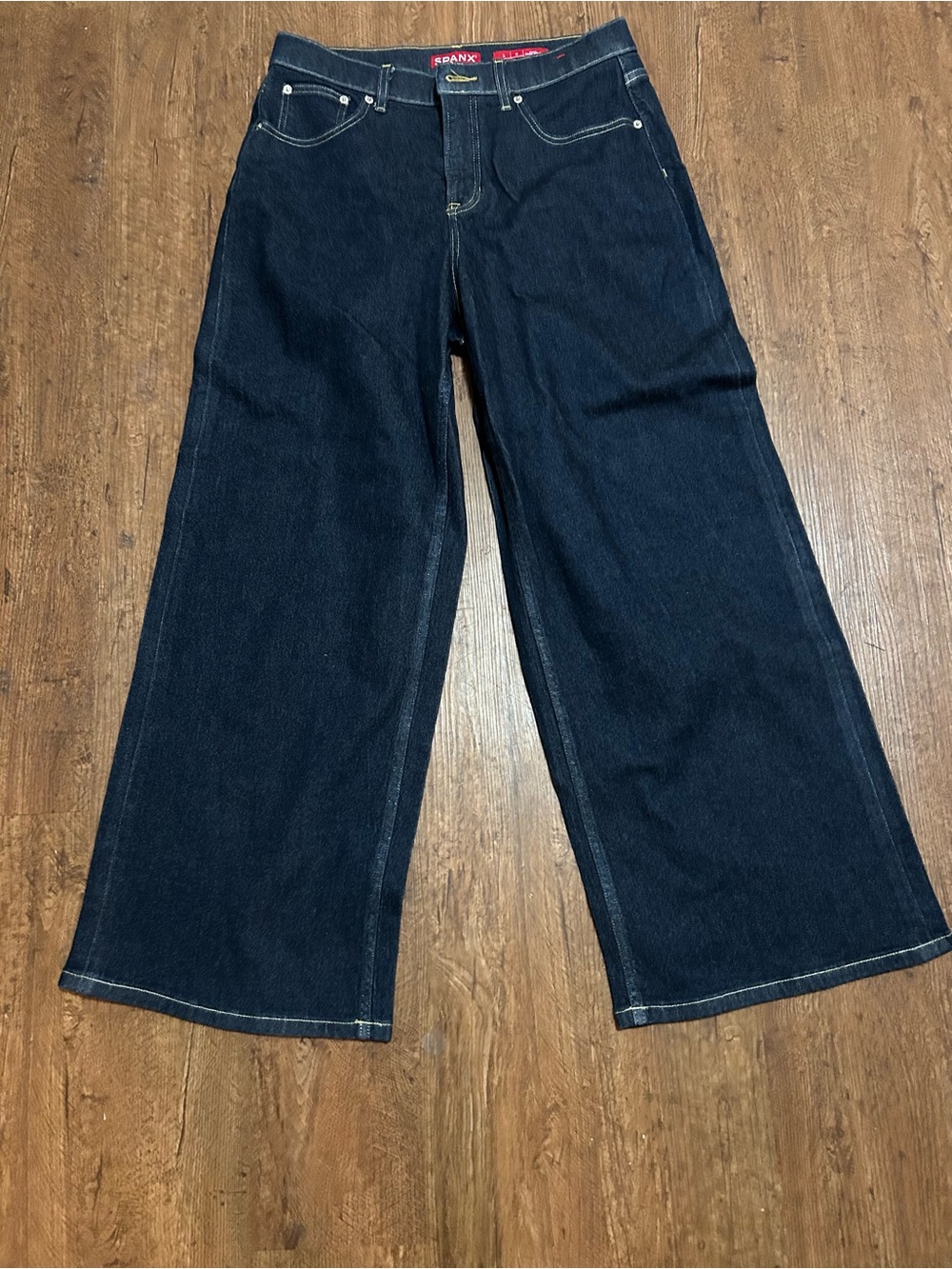 SPANX Women’s Large Petite Dark Indigo Wide Leg Jeans High Rise Stretch Denim
